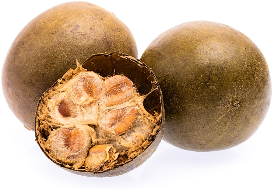 Image of 2 brown Luo Han Guo fruits and one cut in half showing its brown inside pulp