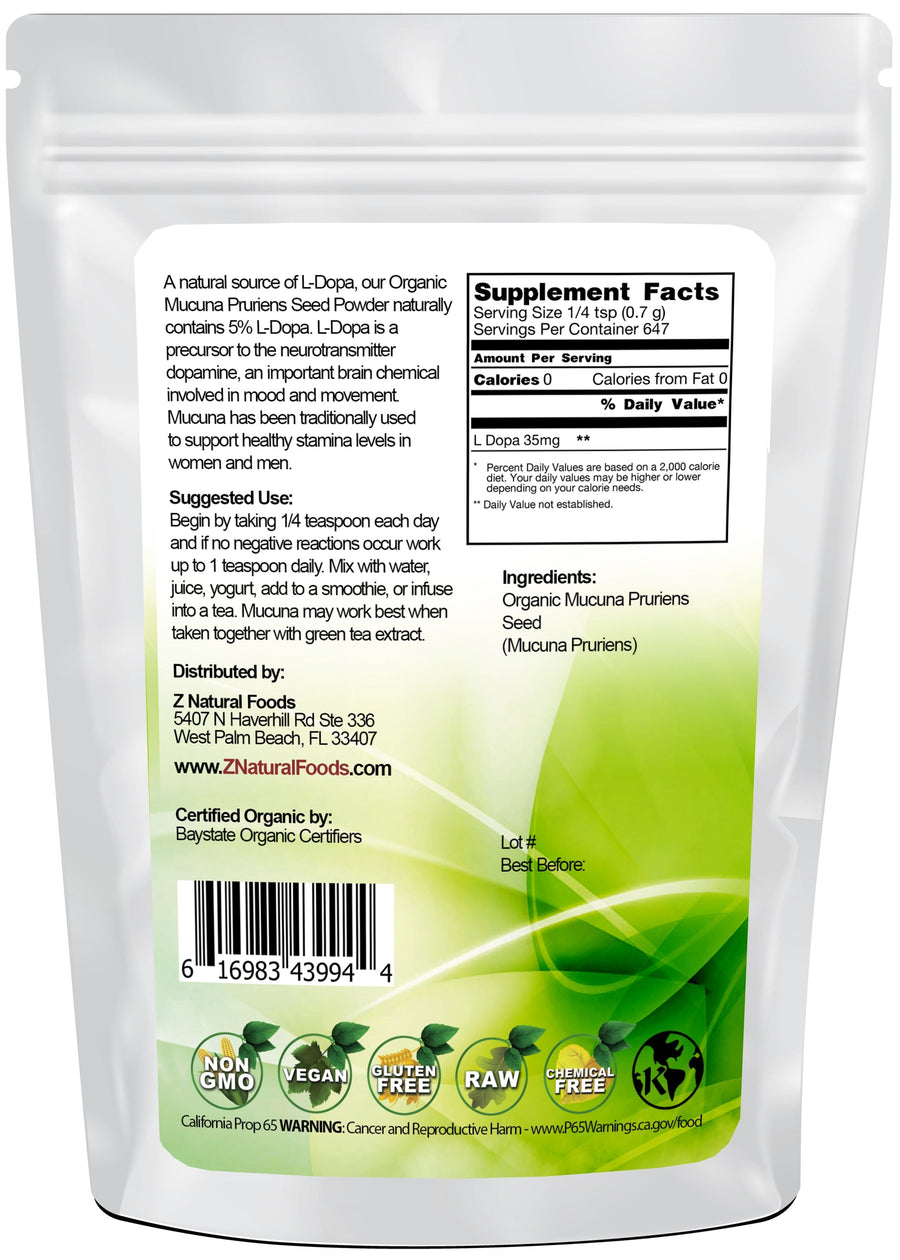 Mucuna Pruriens Seed Powder - Organic back of the bag image Z Natural Foods 