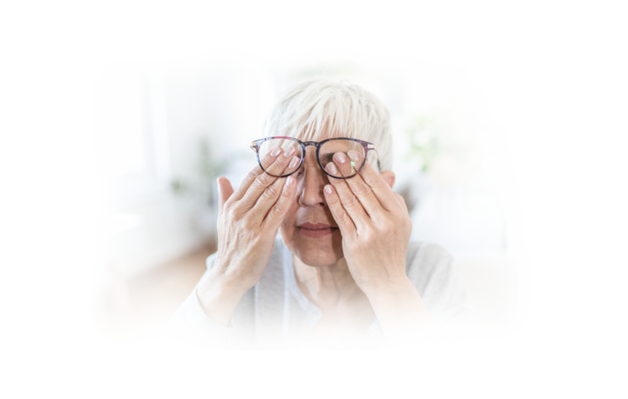 Image of woman with glasses rubbing eyes suffering symptoms of Glaucoma.