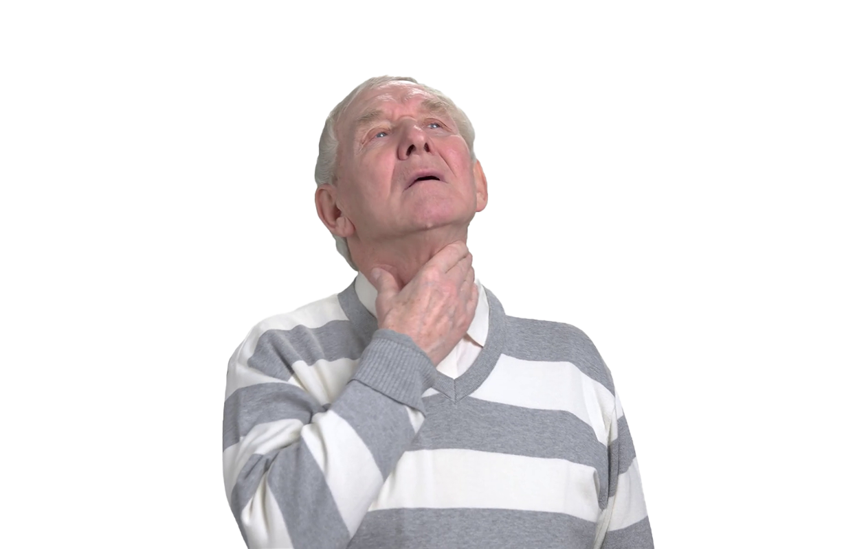 Photo of older man holding hand to his throat because he has sore throat