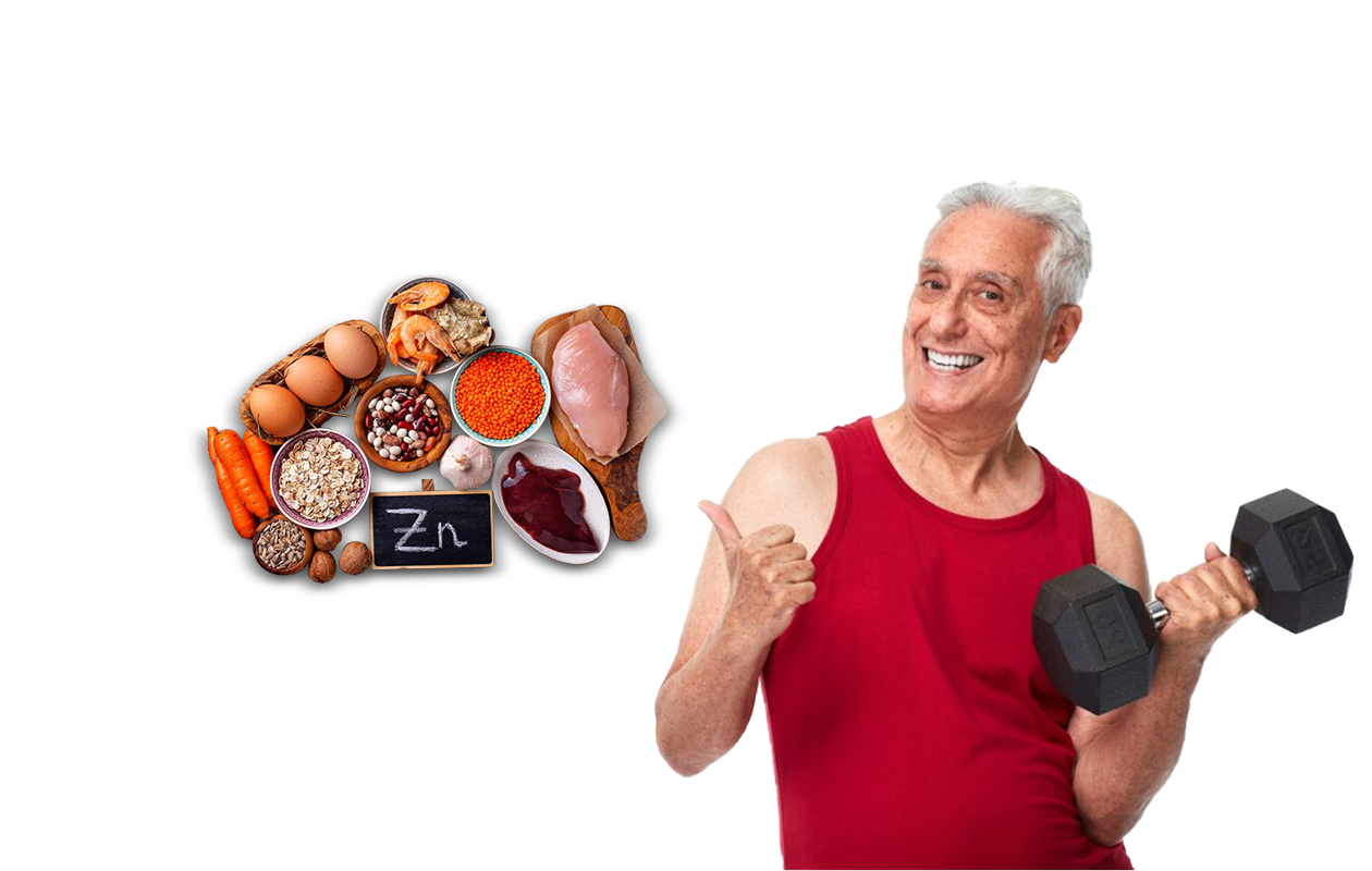 Smaller image of sign with Zinc periodic symbol and examples of items containing zinc paired with a larger image of older man giving thumbs up gesture while curling dumbbell.