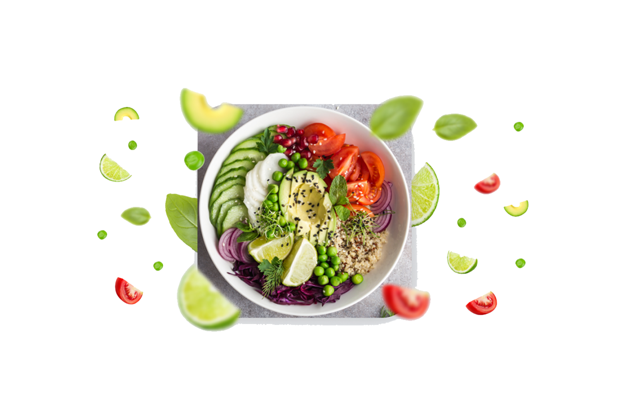 Overhead image of bowl containing sliced cucumbers, sliced tomatoes, peas, and sliced lemons.