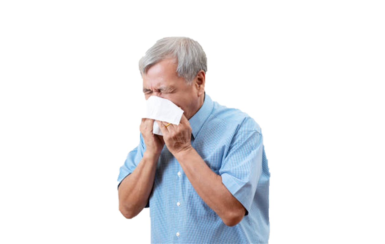 Photo of older man blowing nose because of excessive mucus