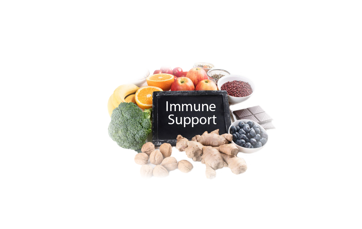 Image of black sign labeled immune support surrounded by head of broccoli, sliced oranges, whole apples, dark chocolate squares, and small bowl of blueberries.