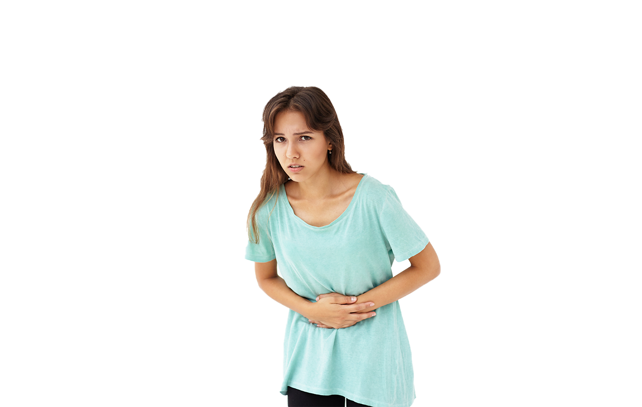 Picture of woman in pain with her hands on stomach because of menstrual cramps 