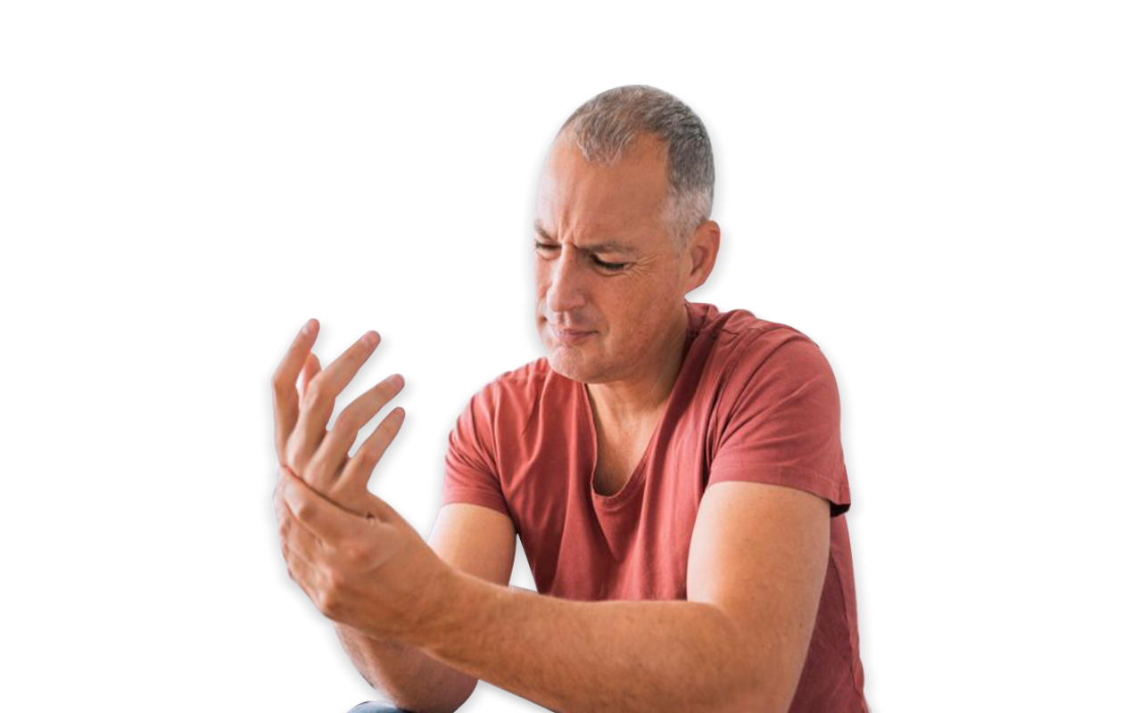 Image of man holding wrist with other hand because of rheumatism pain.