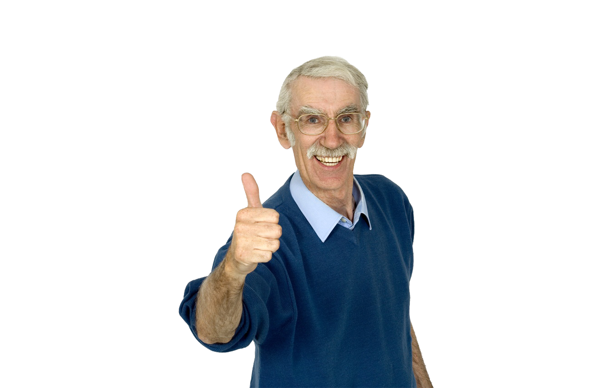 Image of older man with glasses wearing blue shirt giving a thumbs up hand gesture.
