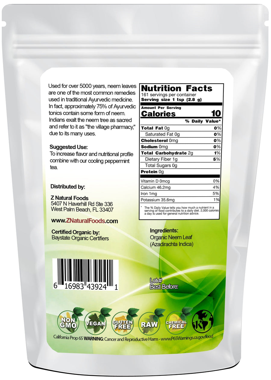 Neem Leaf Powder - Organic back of the bag image Z Natural Foods 
