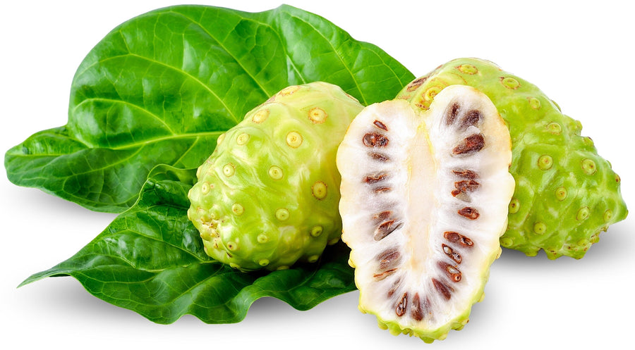 Image of fresh noni fruits and one cut in half