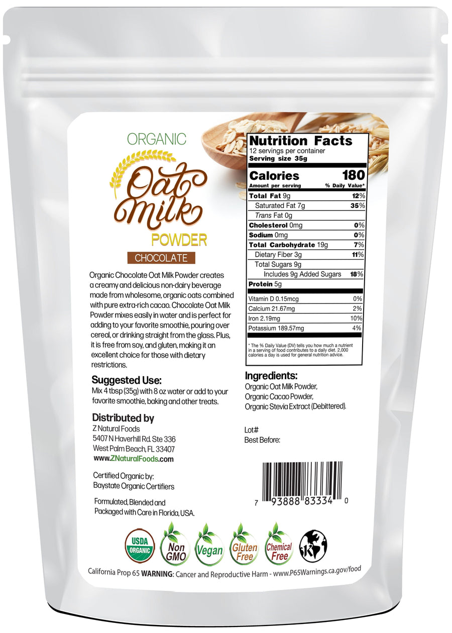 Back of the bag photo of Oat Milk Powder (Chocolate) - Organic Z Natural Foods