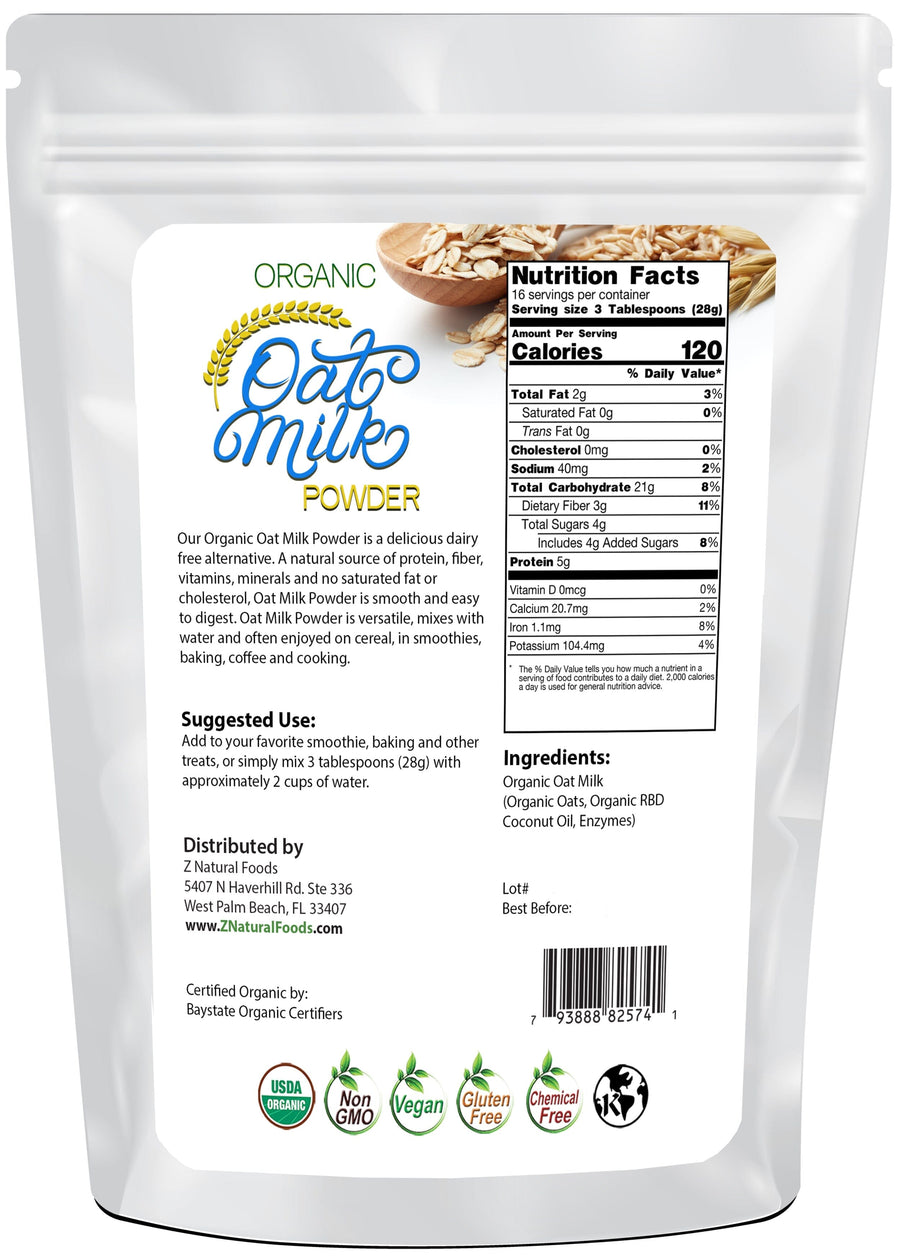Oat Milk Powder - Organic back of the bag image Z Natural Foods 