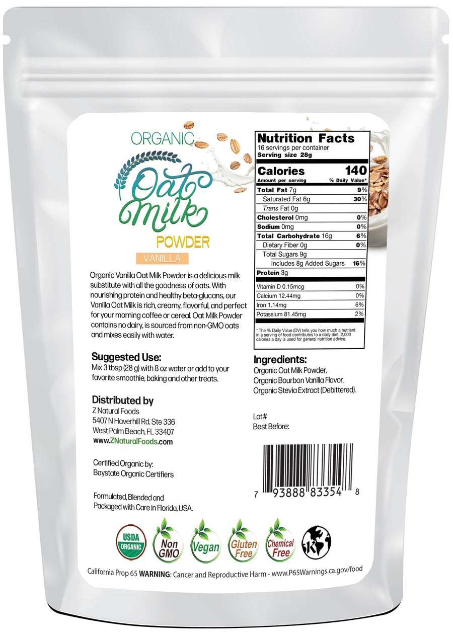Back of the bag image of Oat Milk Powder (Vanilla) - Organic Z Natural Foods 