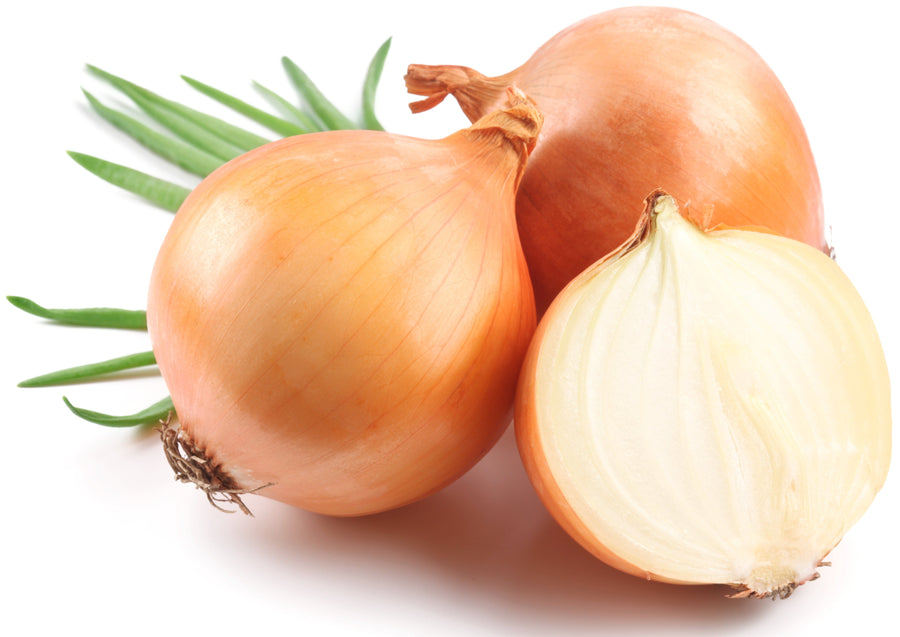 Image of 2 whole onions and 1 half onion