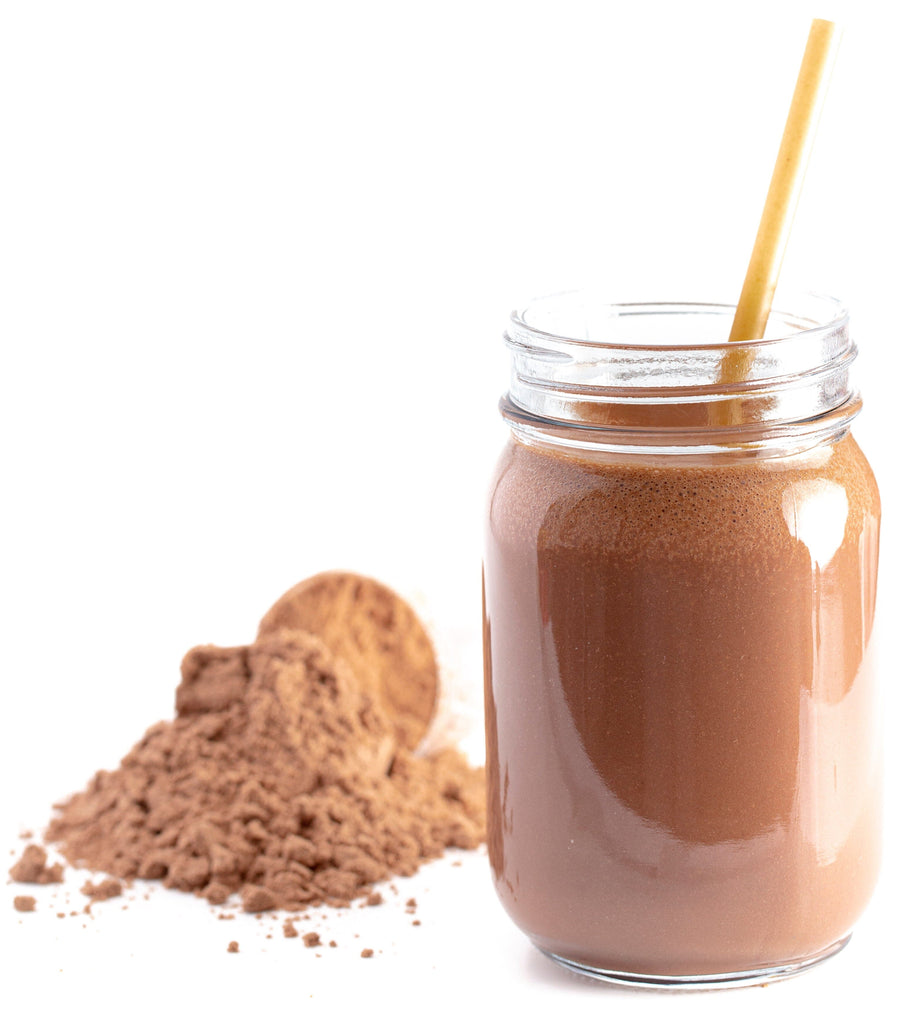 Image of a glass of brown Optimum 30 Chocolate Whey Meal Replacement in a glass jar