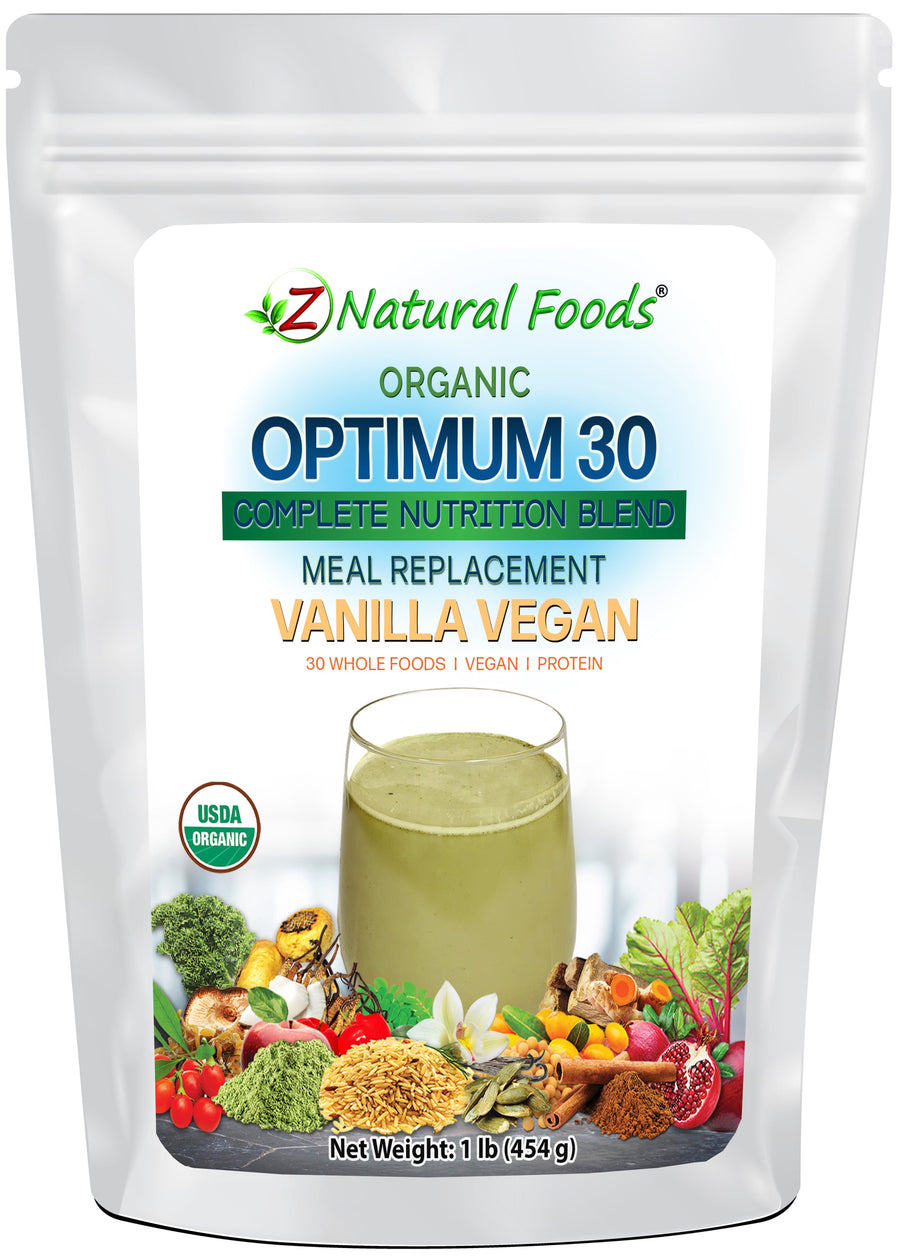 Optimum 30 Vanilla Vegan Meal Replacement - Organic front of the bag image Z Natural Foods 