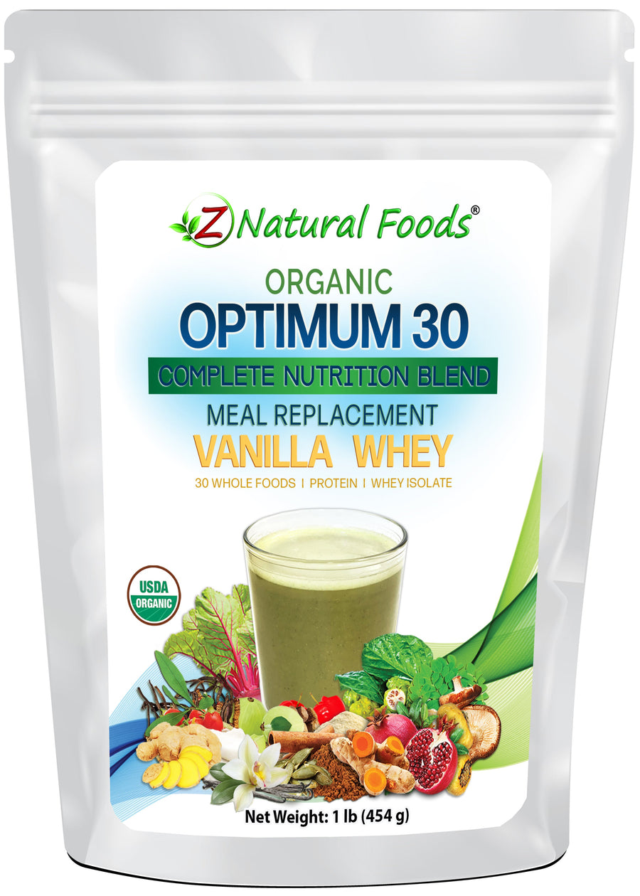 Optimum 30 Vanilla Whey Meal Replacement - Organic front of the bag image Z Natural Foods 