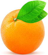 Image of whole Orange with stem and two leaves on white background.