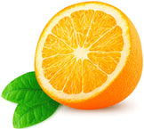 Image of sliced orange on white background with two green leaves.