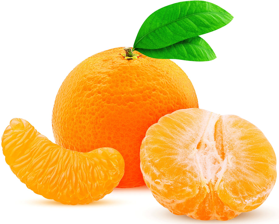 Peeled Orange segment and half in front of whole orange on white background.