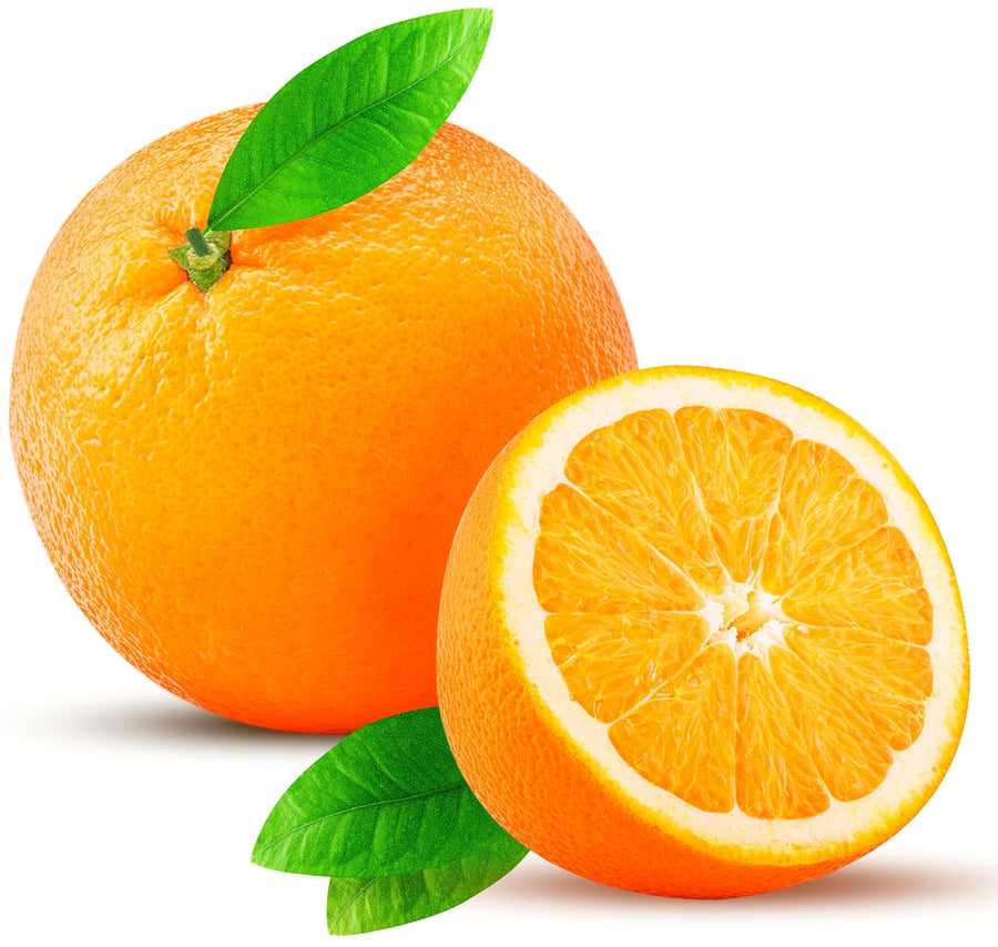 Image of halved orange with whole orange in the background.