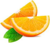Two Orange slices with green leaves on white background.