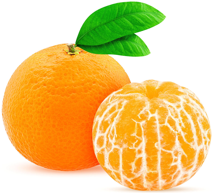 Whole peeled Orange with whole orange with stem and leaves in background.