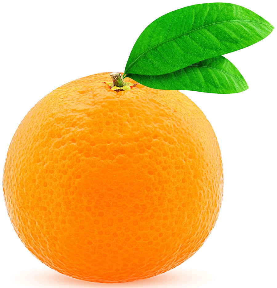 Whole Orange with stem and leaves on white background.