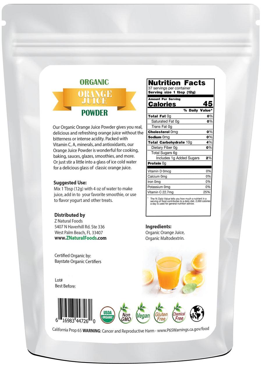Photo of back of 1 lb bag of Orange Juice Powder - Organic Fruit Powders Z Natural Foods 