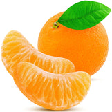 Two peeled Orange segments with a whole orange with stem and leaf in background.