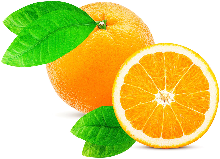 Orange slice standing on edge with whole orange with stem and leaves on white background.