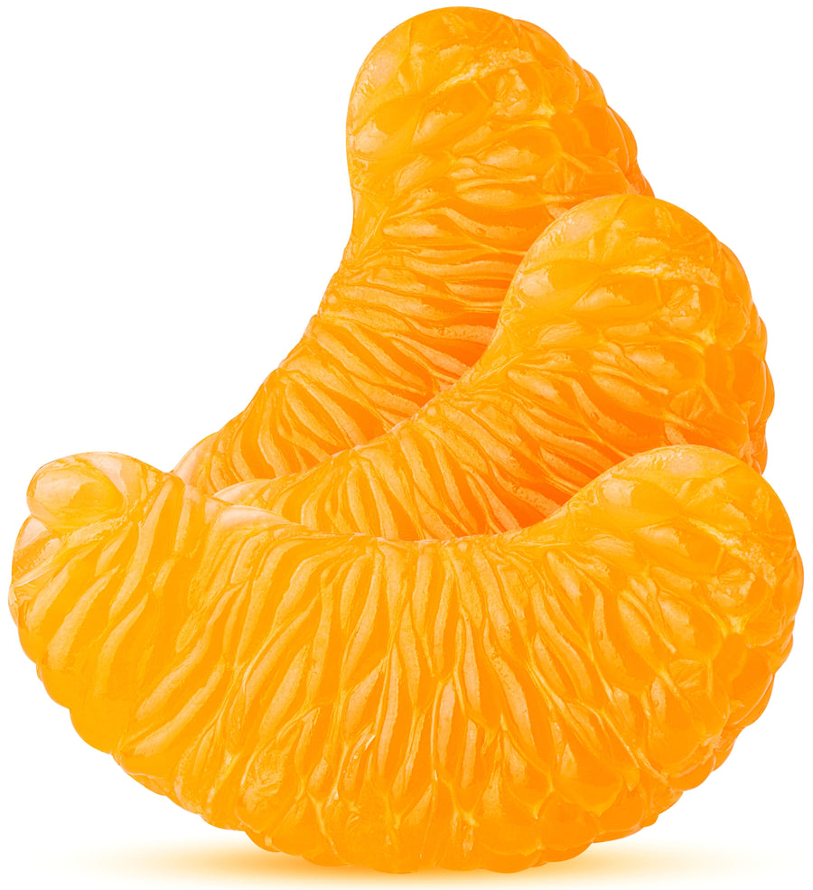 Three peeled Orange segments fanning upwards on white background.
