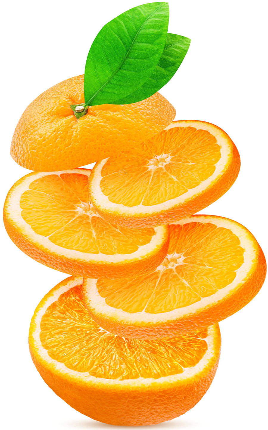 Image of three Orange slices in between the bottom and top of a sliced orange.