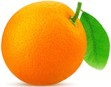 Image of whole Orange with stem and leaf on white background.
