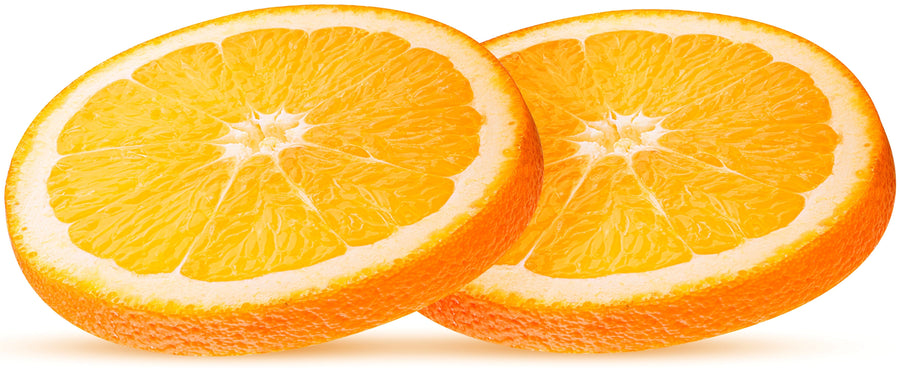 Two Orange slices on on top of the other on a white background.