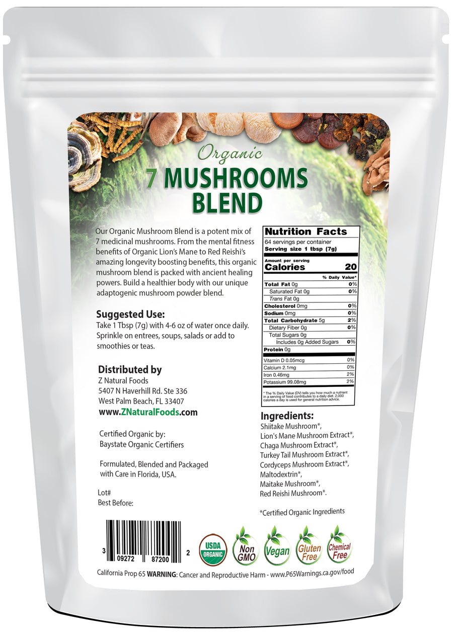 Photo of back of 1 lb bag of Organic 7 Mushrooms Blend Mushroom Powders Z Natural Foods