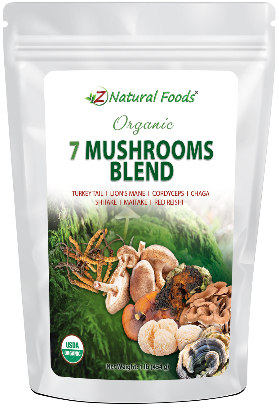 Photo of front of 1 lb bag of Organic 7 Mushrooms Blend Mushroom Powders Z Natural Foods 
