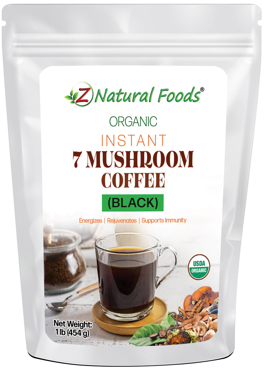 Organic Instant 7 mushroom coffee black front of the bag image 1 lb