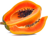 Photo of bright orange ripe cut Papaya fruit showing black seeds inside