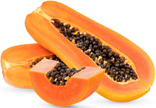 Images of sliced and halved Papayas on white background.