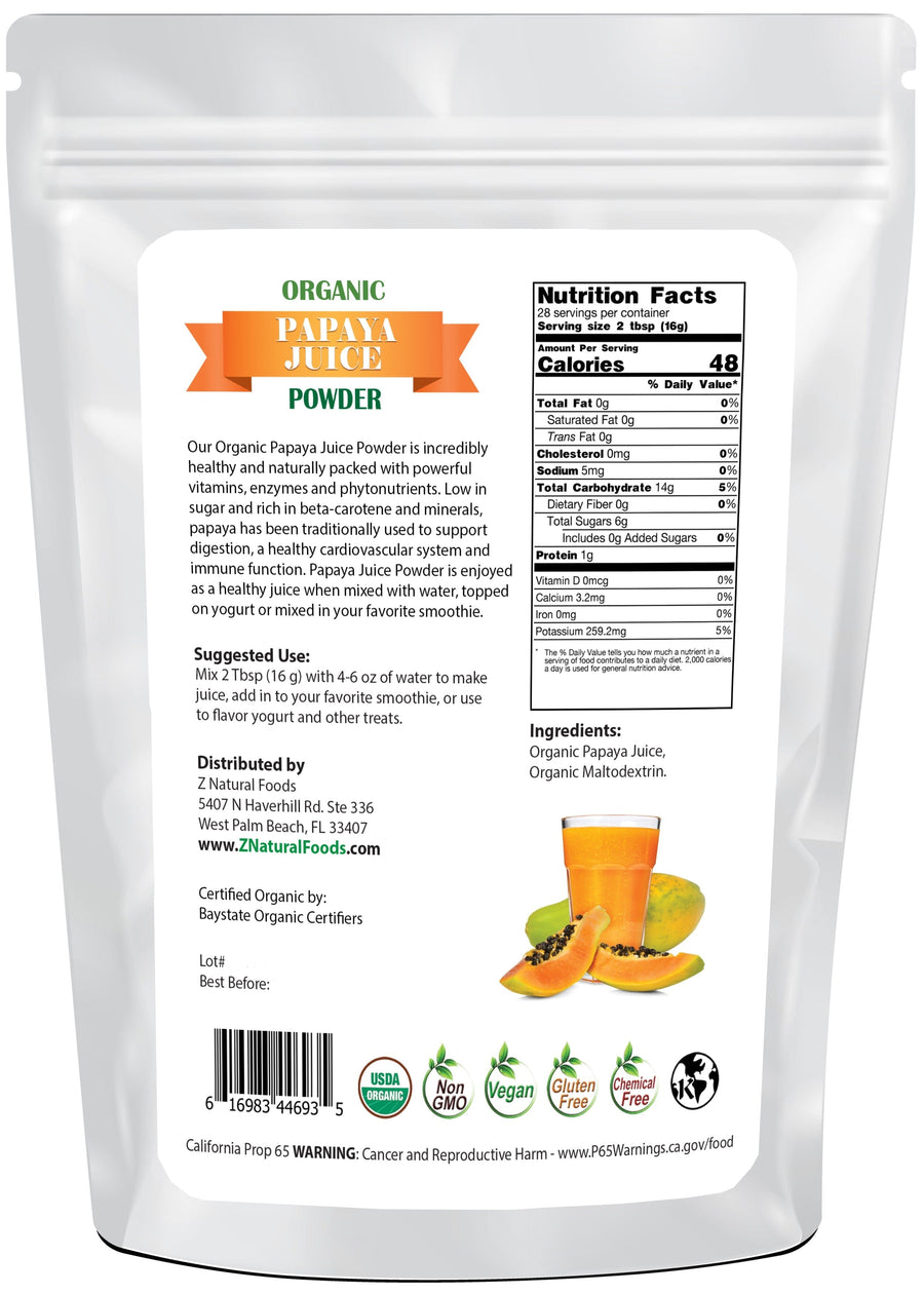 Photo of back of 1 lb bag of Papaya Juice Powder - Organic Fruit Powders Z Natural Foods 