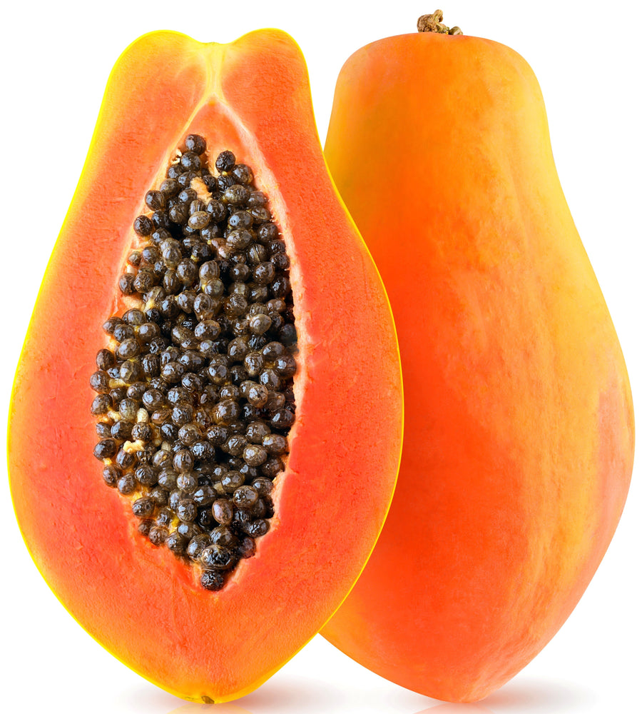 Image of 2 halves of a Papaya fruit with black seeds showing on one half.