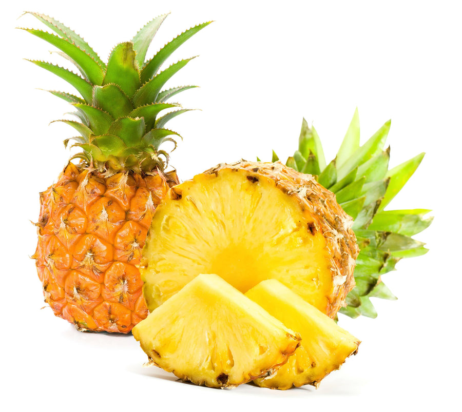 Image of whole pineapple and quartered slices.