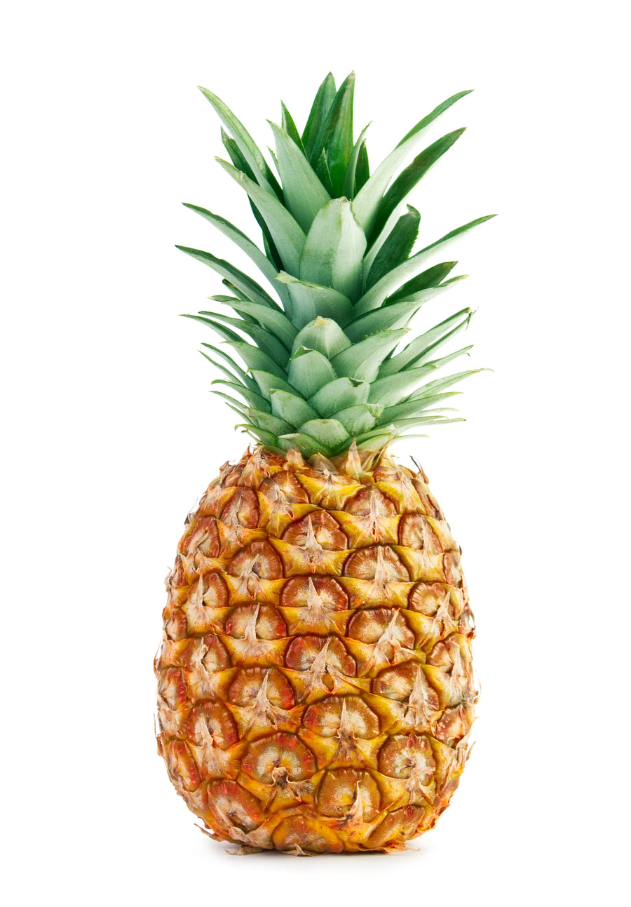 Image of upright whole Pineapple with white background.