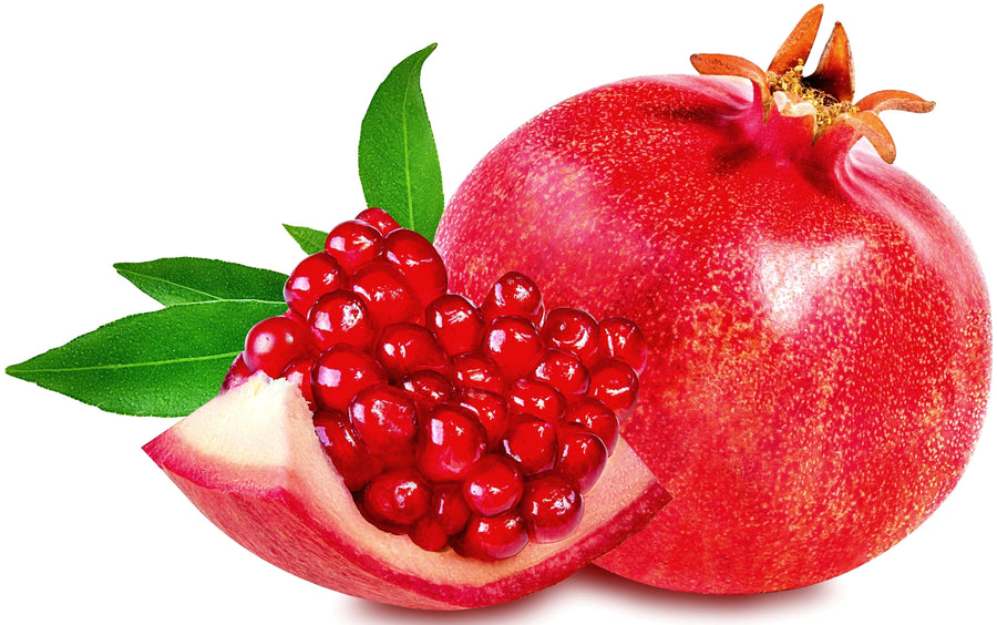 Image of a whole pomegranate and a piece of pomegranate with red seeds