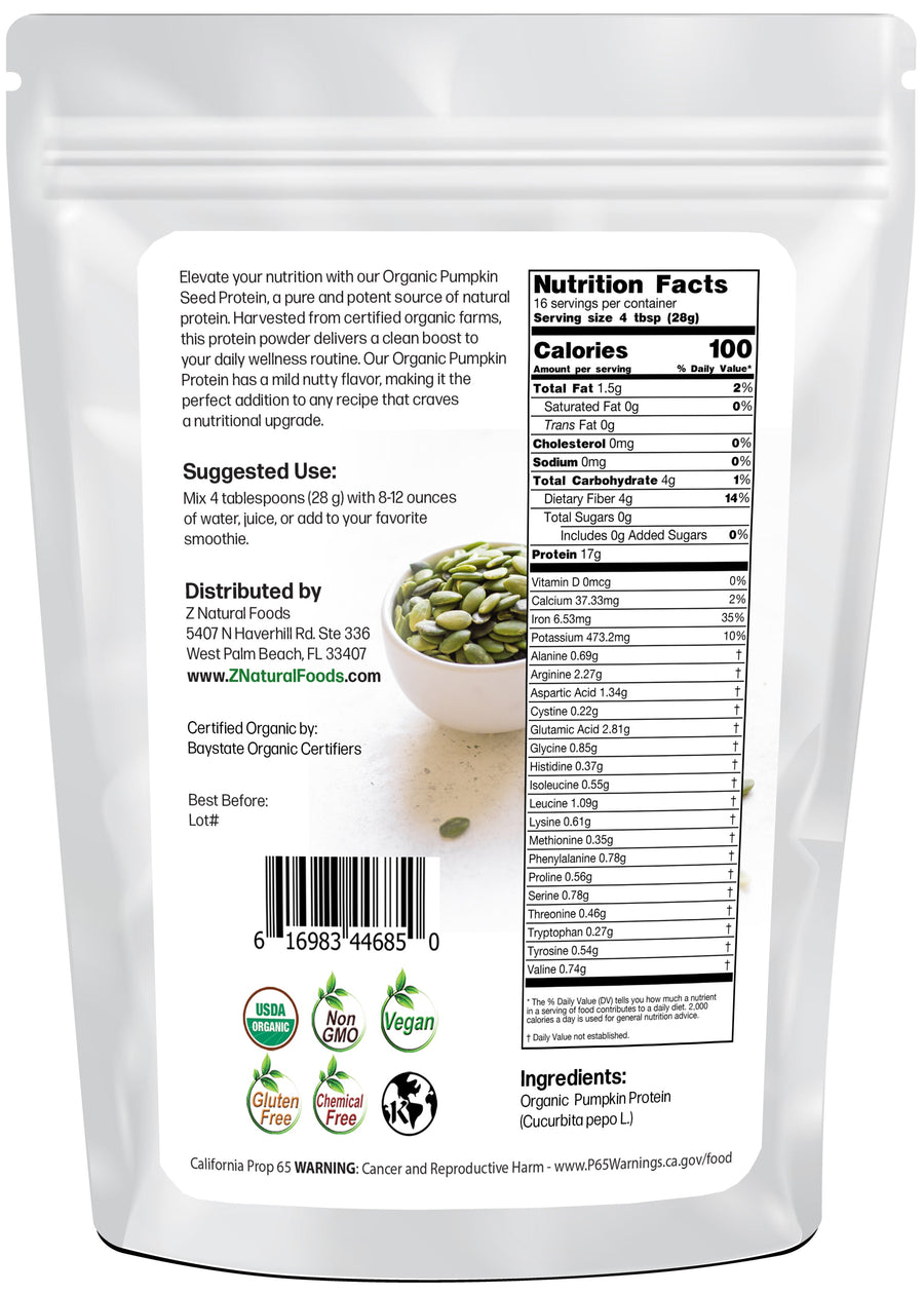 Back of bag image, Pumpkin Seed Protein from Z Natural Foods