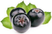 Image of 3 black Purple Aronia berries and green leaves
