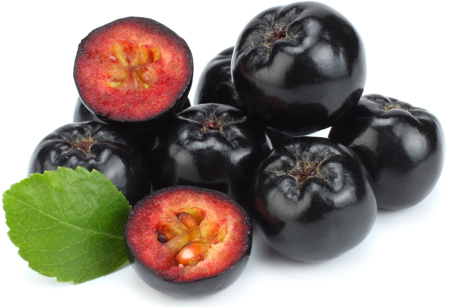 Image of a bunch of Purple Aronia berries with one cut in half