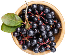 Image of purple aronia berries in a  wooden bowl