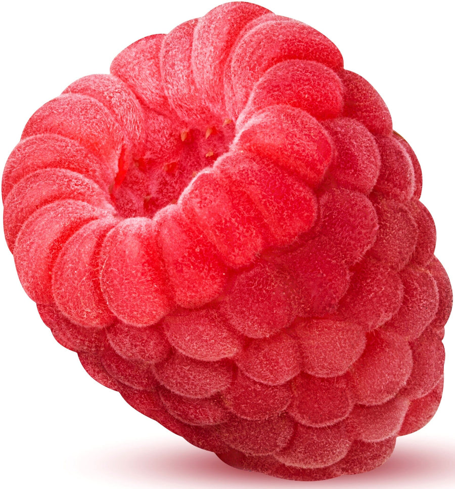 Close up image of red Raspberry on white background.