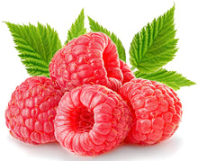 Colored Raspberries on white background with green leaves.